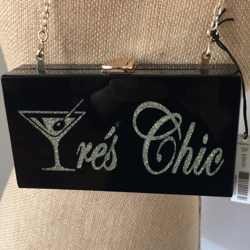 Black Evening Purse Plastic by Kate Landry w/gold colored shoulder strap